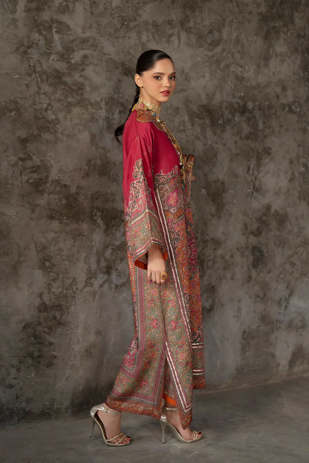 Silk Embroidered Luxury 2pc Article Kaftan style with 3d Neckline