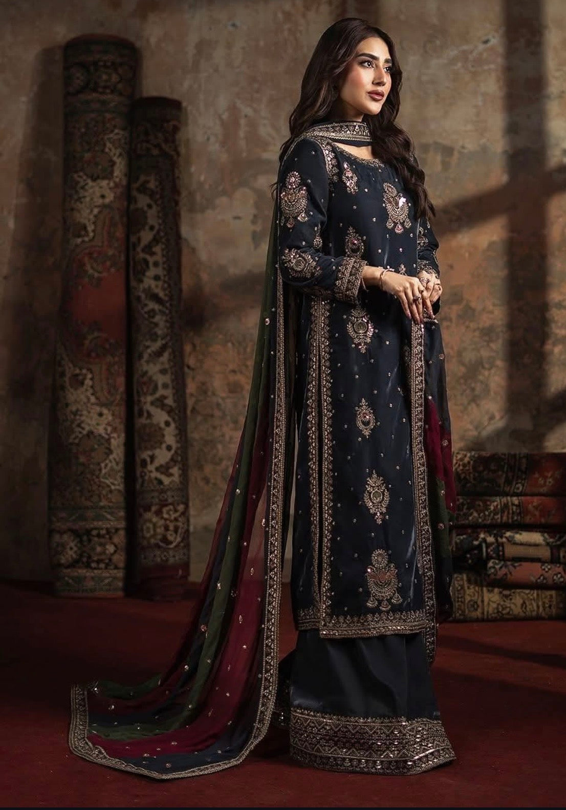 Velvet Luxury 3pc Embroidered Dress Silk Dupatta And silk Trouser Zinc Color