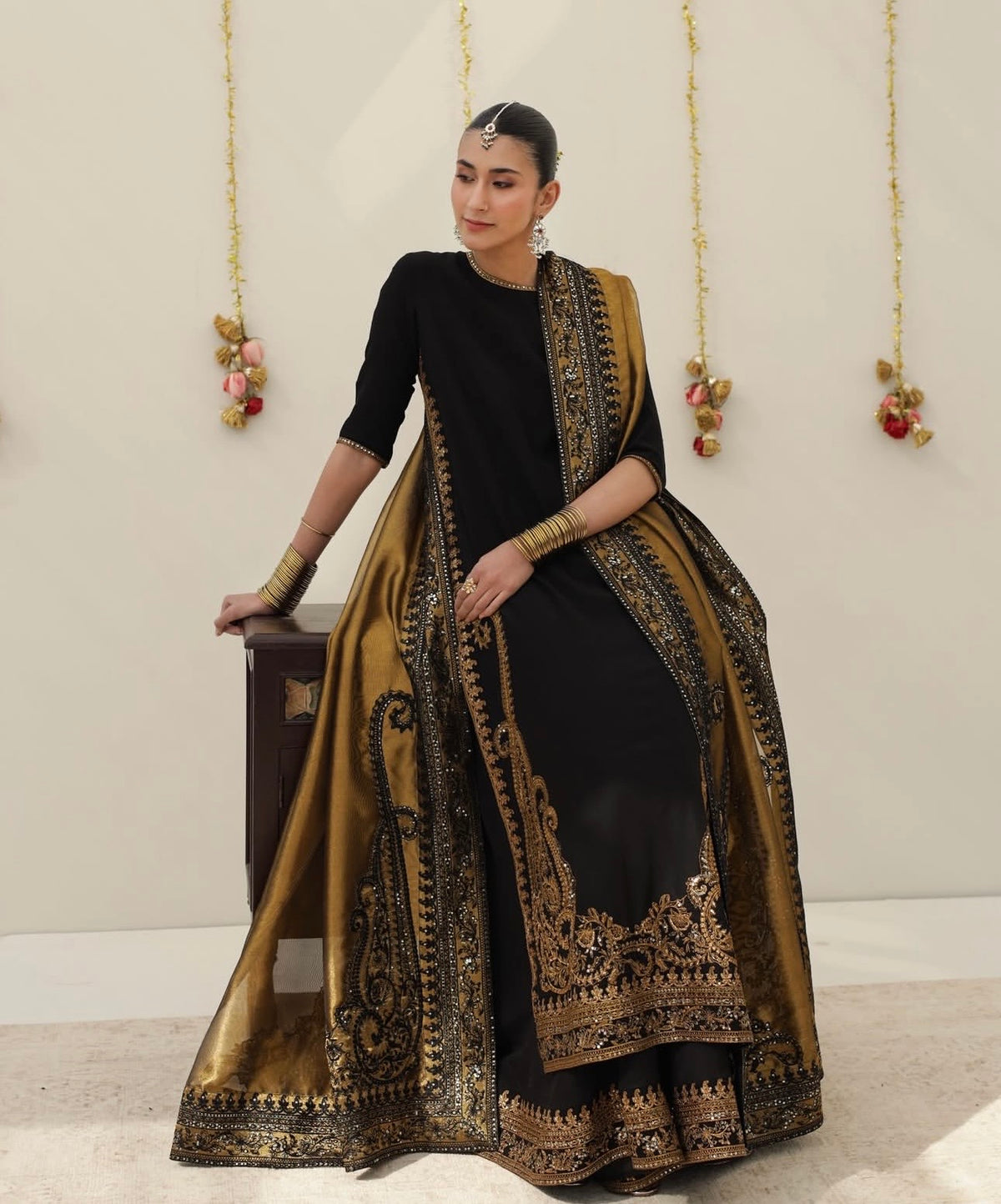 Lulusar Silk Embroidered Luxury 3pc Article Black Mustard Masuri Dupatta