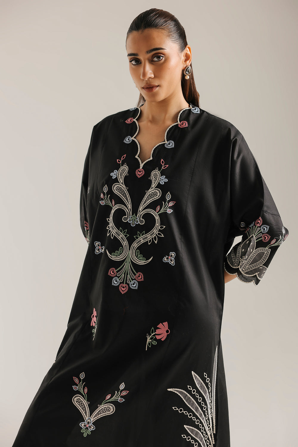 Silk Embroidered 2pc Article Kaftan Style Black Monsi