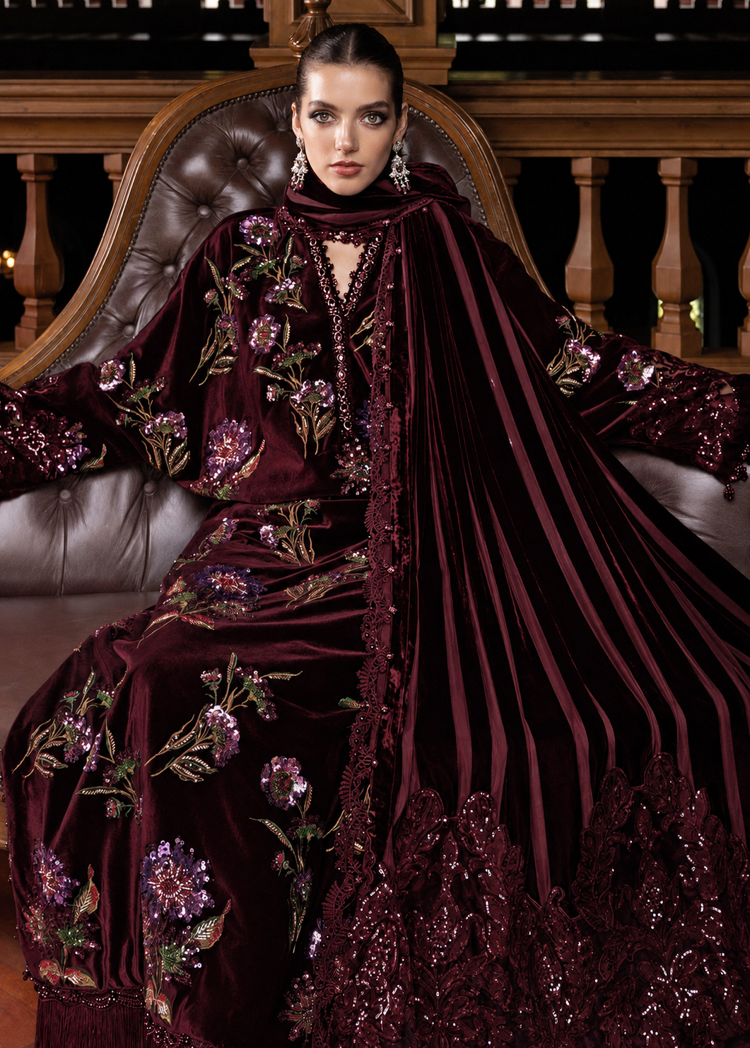 9000 Velvet 3pc Embroidered Dress Maroon