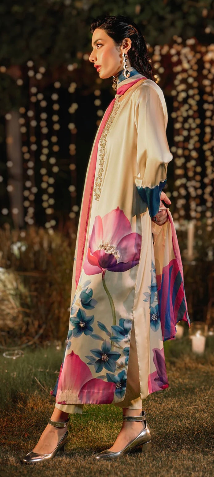 Lulusar Silk Article with Handwork Pearls & Hand made patches and 4 sided ready Silk Dupatta