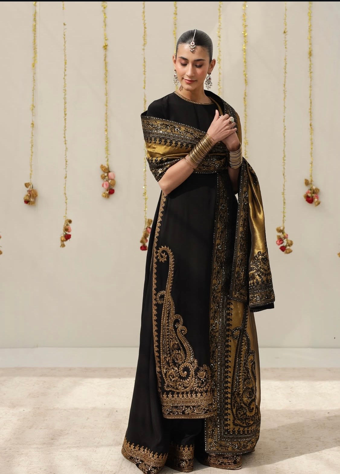Lulusar Silk Embroidered Luxury 3pc Article Black Mustard Masuri Dupatta