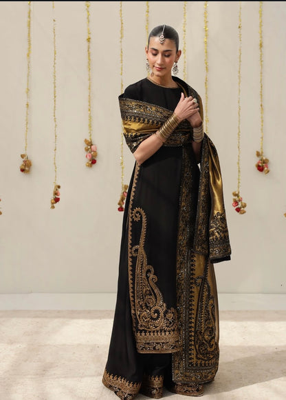 Lulusar Silk Embroidered Luxury 3pc Article Black Mustard Masuri Dupatta