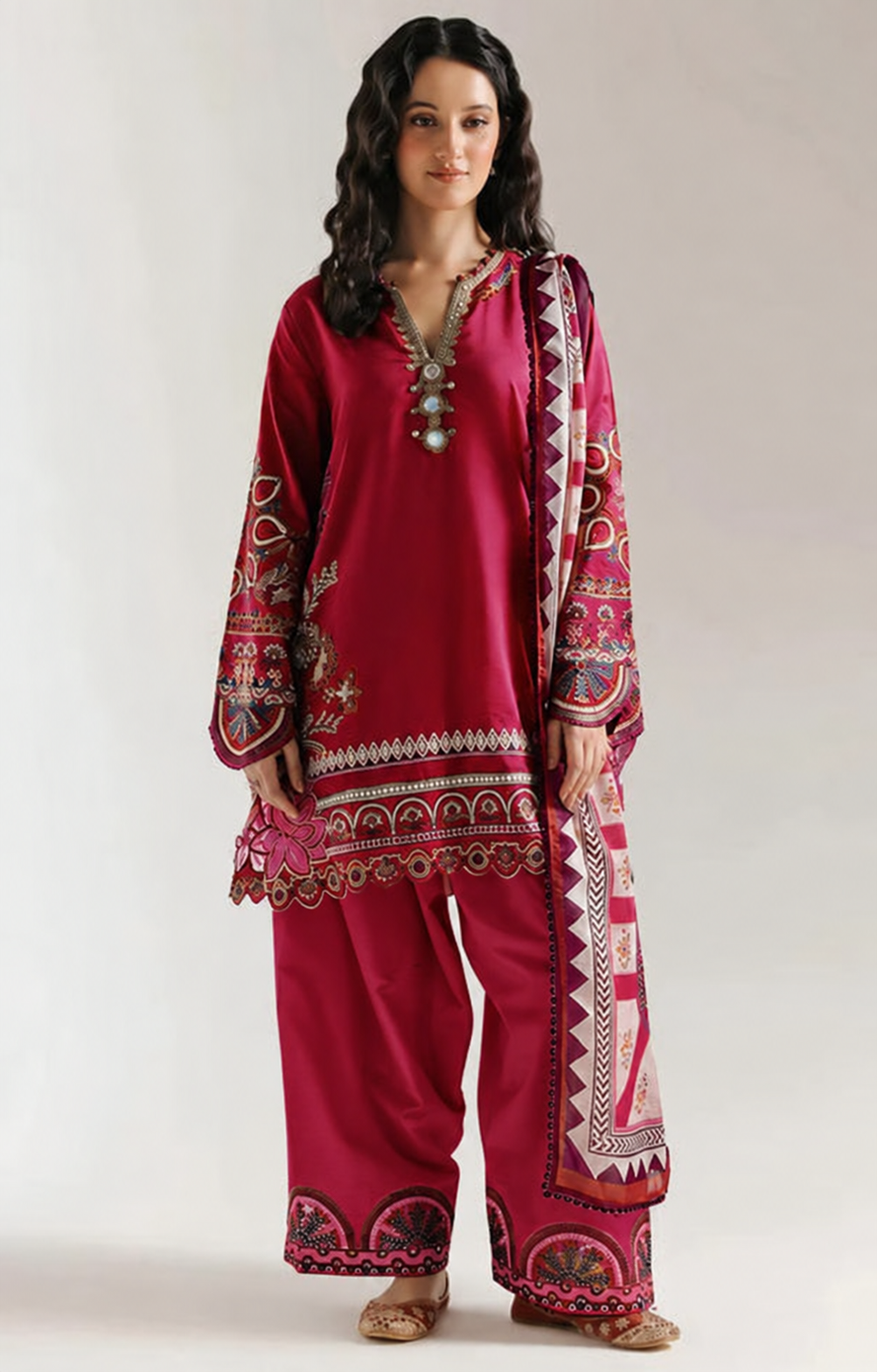 Dhanak Embroidered Luxury 3pc Article With Printed Wool Shawl Pink Color laser work