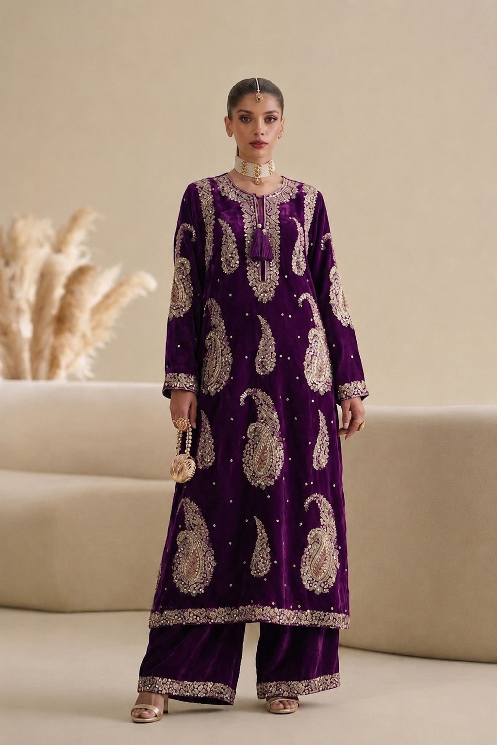 Silk Luxury Embroidered 2pc Article Plum Color Cery design