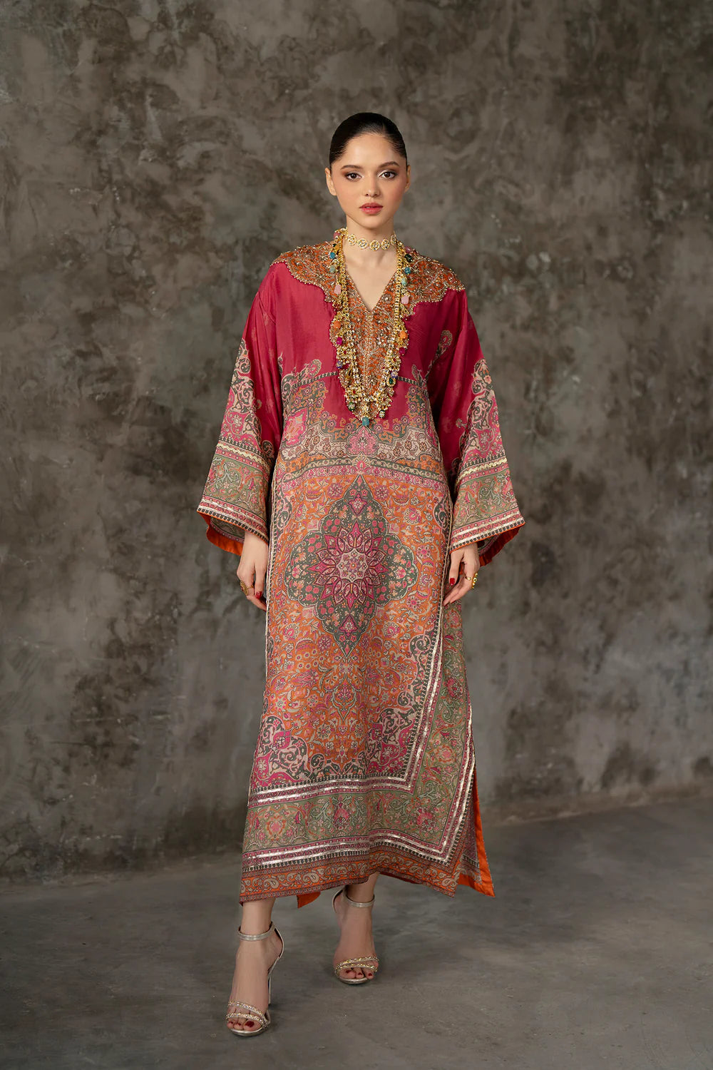 Silk Embroidered Luxury 2pc Article Kaftan style with 3d Neckline