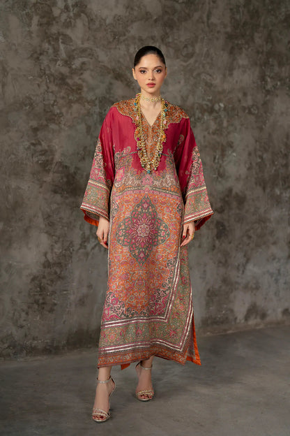 Silk Embroidered Luxury 2pc Article Kaftan style with 3d Neckline