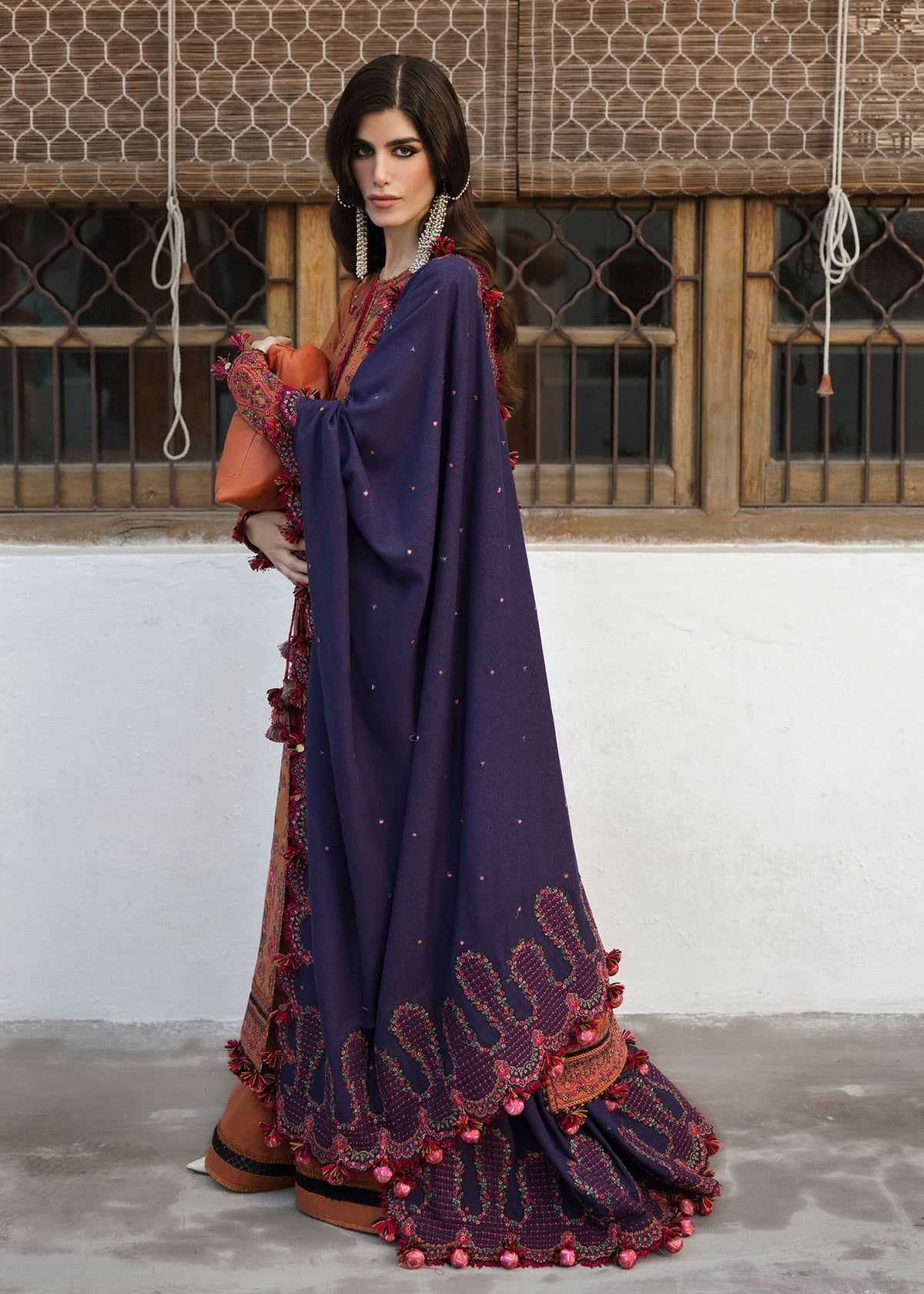 Dhanak Embroidered 3pc Article With Dhanak Shawl Orange HR