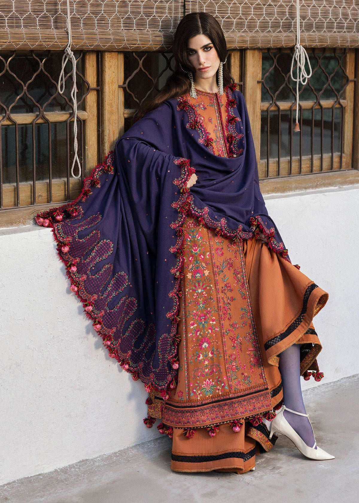 Dhanak Embroidered 3pc Article With Dhanak Shawl Orange HR