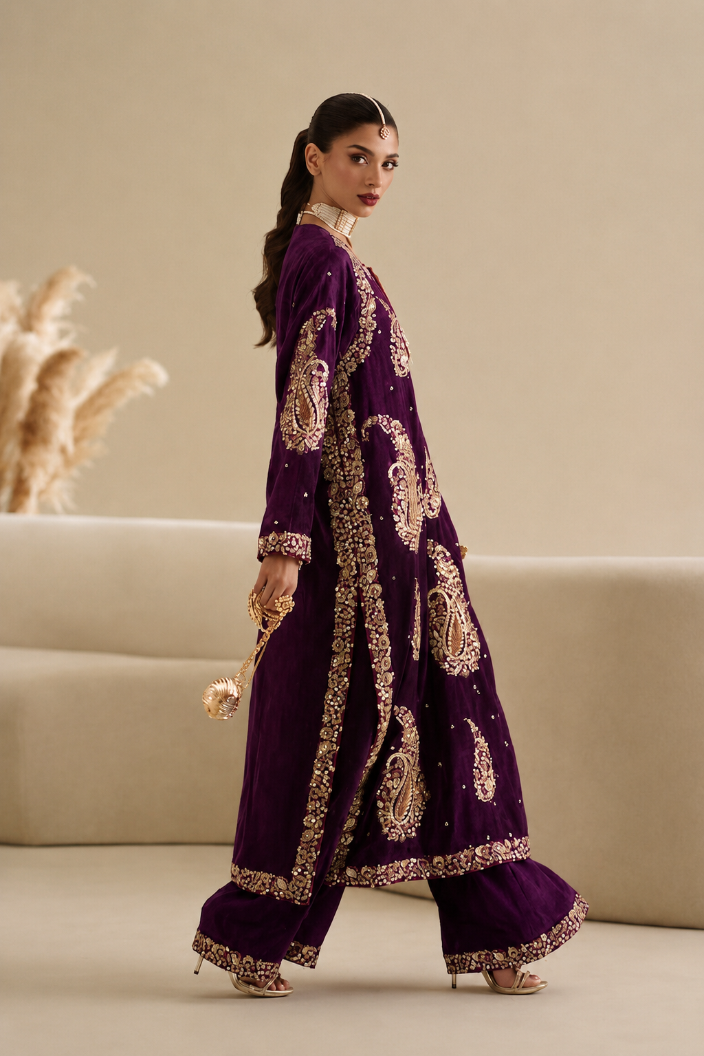 Silk Luxury Embroidered 2pc Article Plum Color Cery design