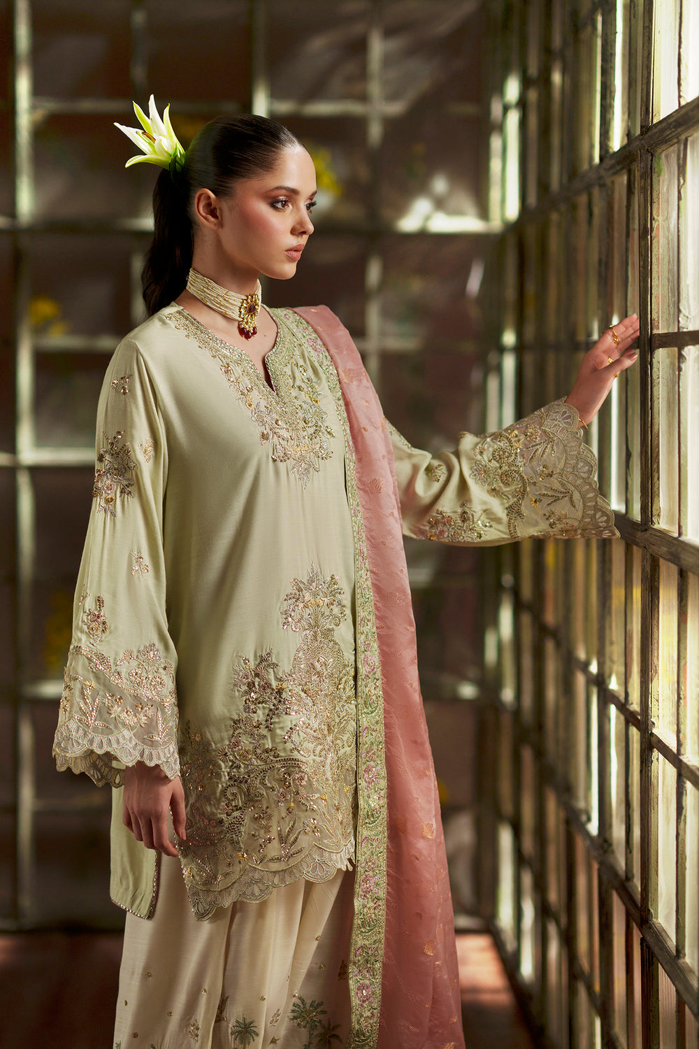 11000 Velvet Embroidered Luxury 3pc Article With silk Trouser Pista color