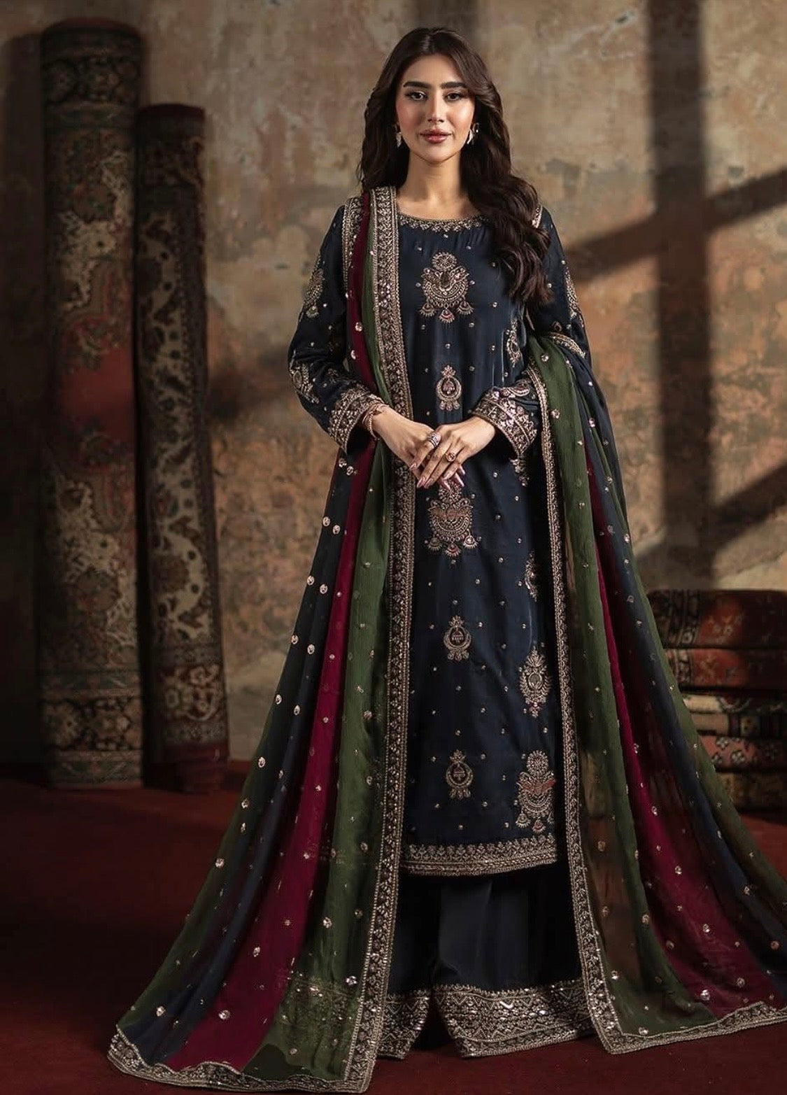 Velvet Luxury 3pc Embroidered Dress Silk Dupatta And silk Trouser Zinc Color