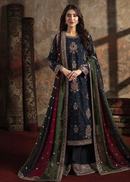Velvet Luxury 3pc Embroidered Dress Silk Dupatta And silk Trouser Zinc Color