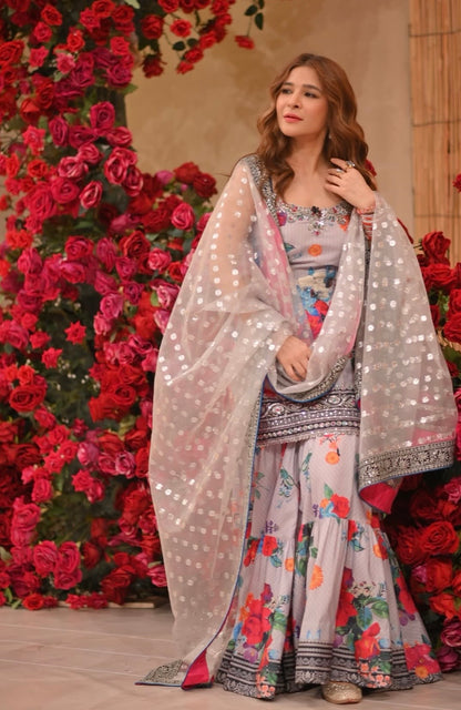 Ayesha Omar Luxury Silk Printed 2pc Article With embroidered patches Shimmer Organza Dupatta