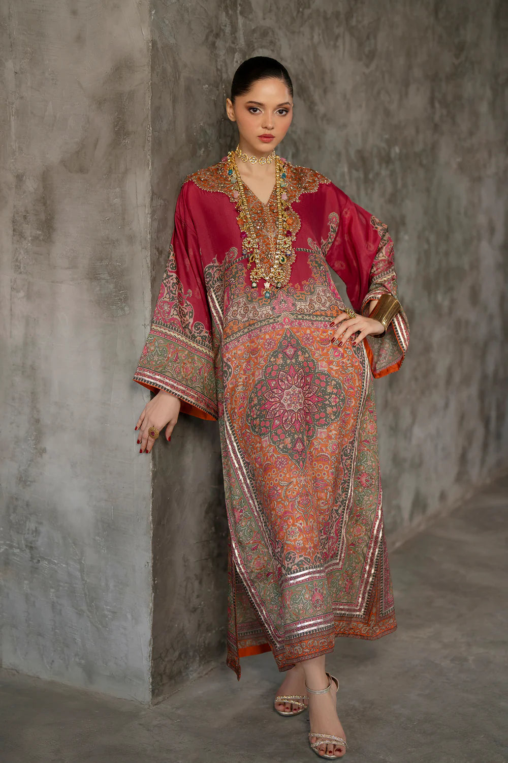 Silk Embroidered Luxury 2pc Article Kaftan style with 3d Neckline