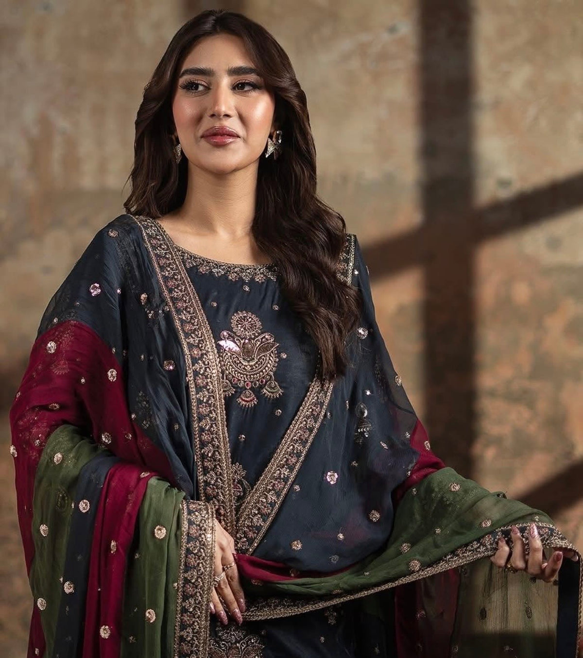 Velvet Luxury 3pc Embroidered Dress Silk Dupatta And silk Trouser Zinc Color