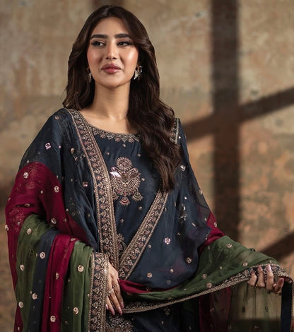 Velvet Luxury 3pc Embroidered Dress Silk Dupatta And silk Trouser Zinc Color