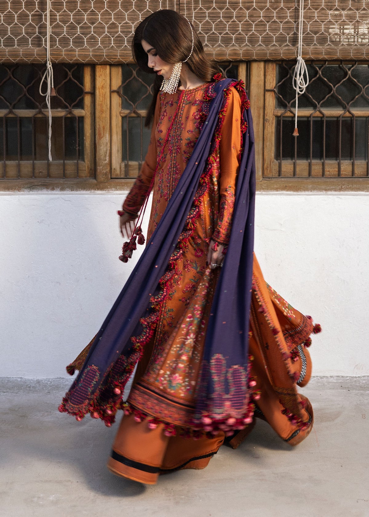Dhanak Embroidered 3pc Article With Dhanak Shawl Orange HR