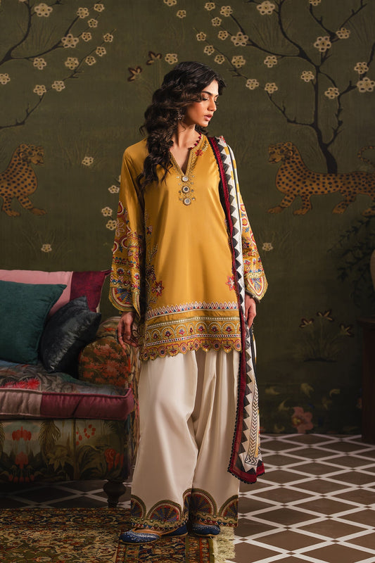 Dhanak Embroidered 3pc luxury Article With  Dhanak Printed Shawl Mustard Color