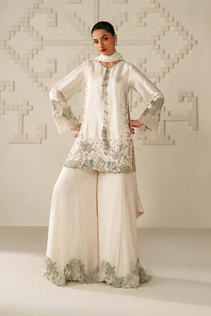 Silk Embroidered 3pc Article Off White color Chiffon Dupatta