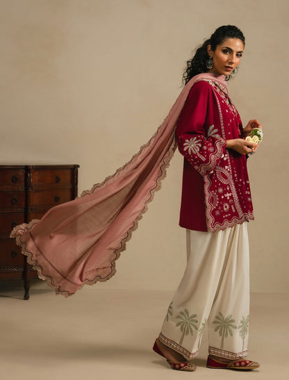 Silk Embroidered Luxury 3pc Article With Chiffon Embroidered Duppata Red Color with Pink Dupatta