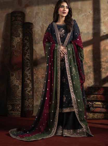 Velvet Luxury 3pc Embroidered Dress Silk Dupatta And silk Trouser Zinc Color
