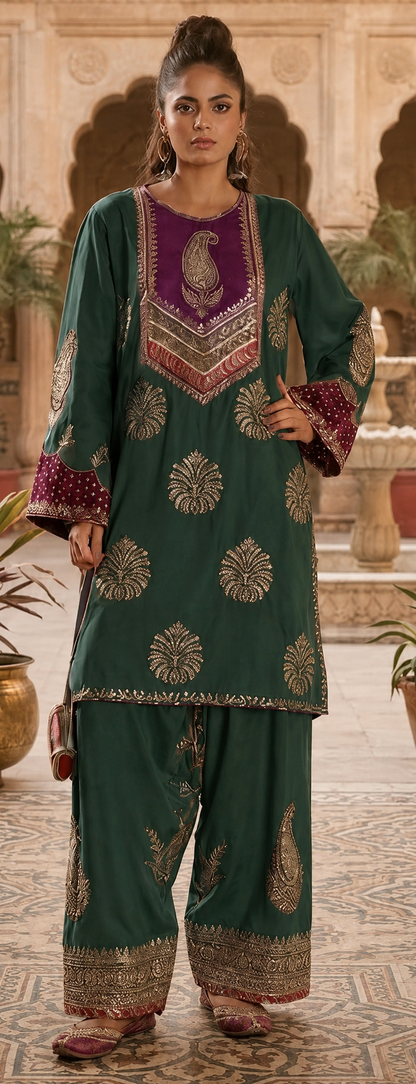 Silk Embroidered 2pc Luxury Article Bottle Green Color With maroon Neckline