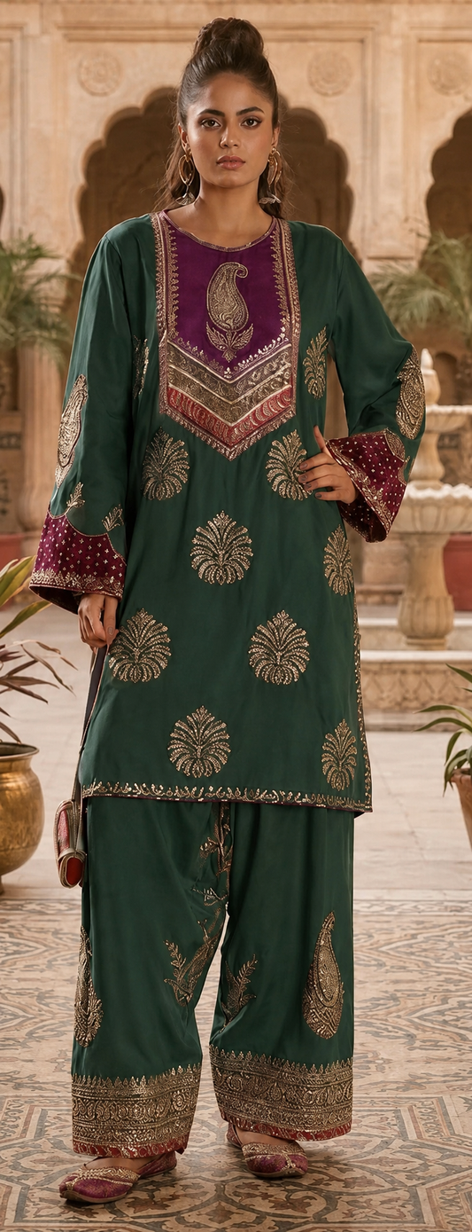 Silk Embroidered 2pc Luxury Article Bottle Green Color With maroon Neckline