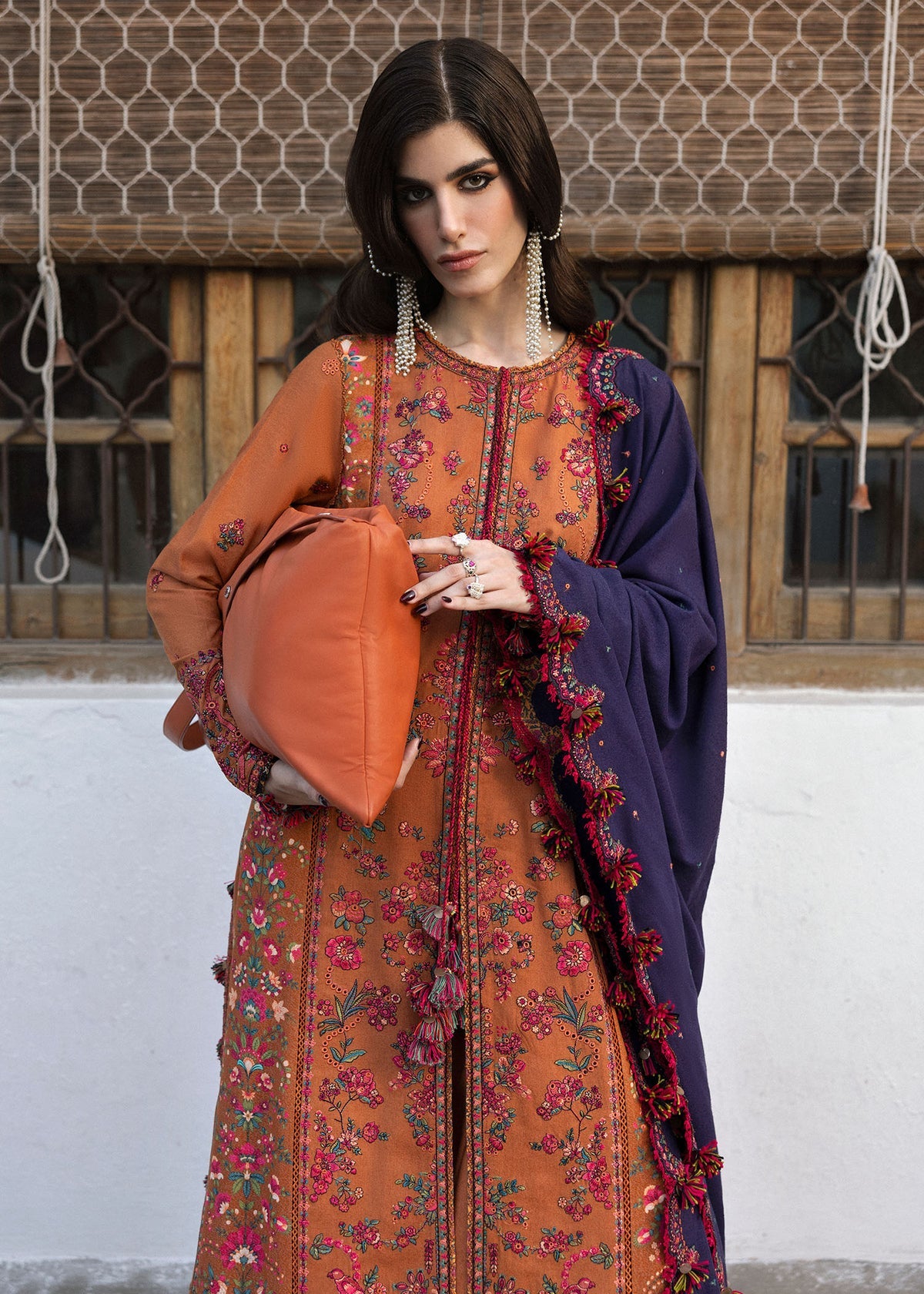 Dhanak Embroidered 3pc Article With Dhanak Shawl Orange HR