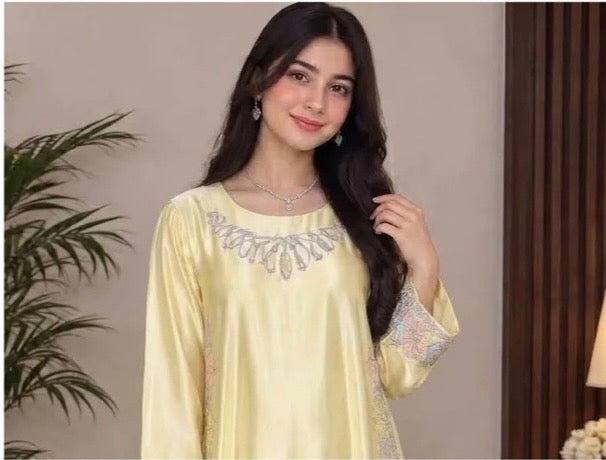 Laam Silk Embroidered 2pc Article Yellow Long Kaftan