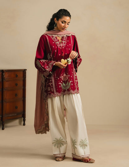 Silk Embroidered Luxury 3pc Article With Chiffon Embroidered Duppata Red Color with Pink Dupatta