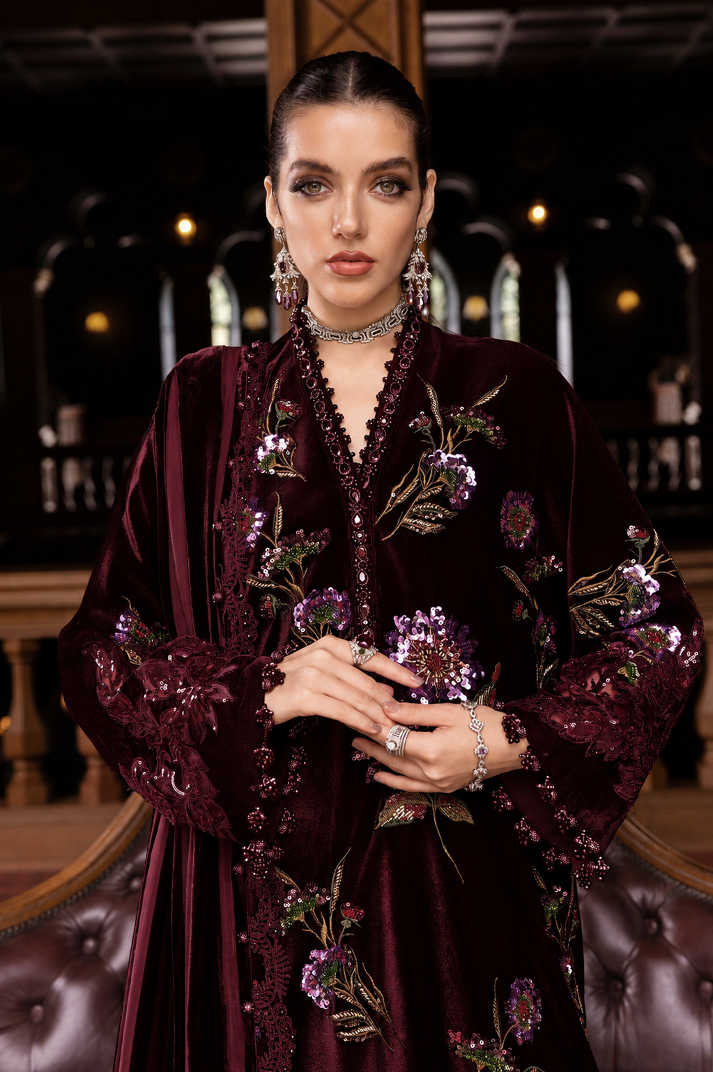 9000 Velvet 3pc Embroidered Dress Maroon