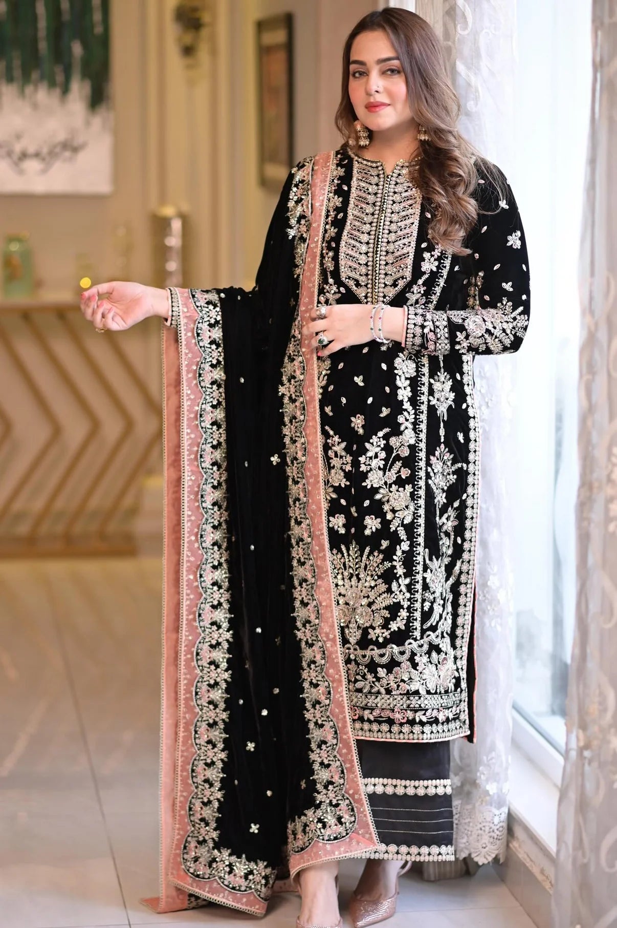 Aneelas Luxury Handmade work Velvet 3 Piece