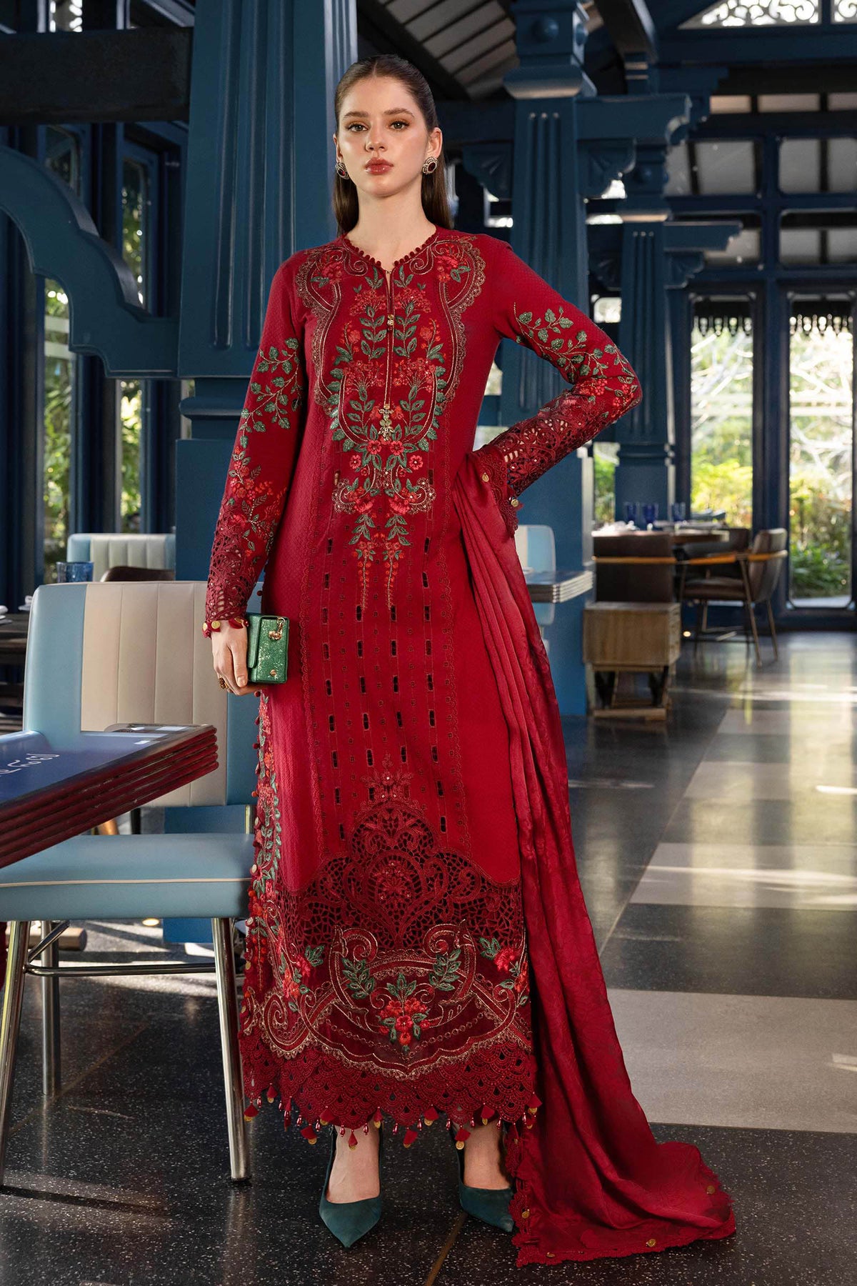 Dhanak Embroidered 3pc Article with Dhanak Shawl Red Color