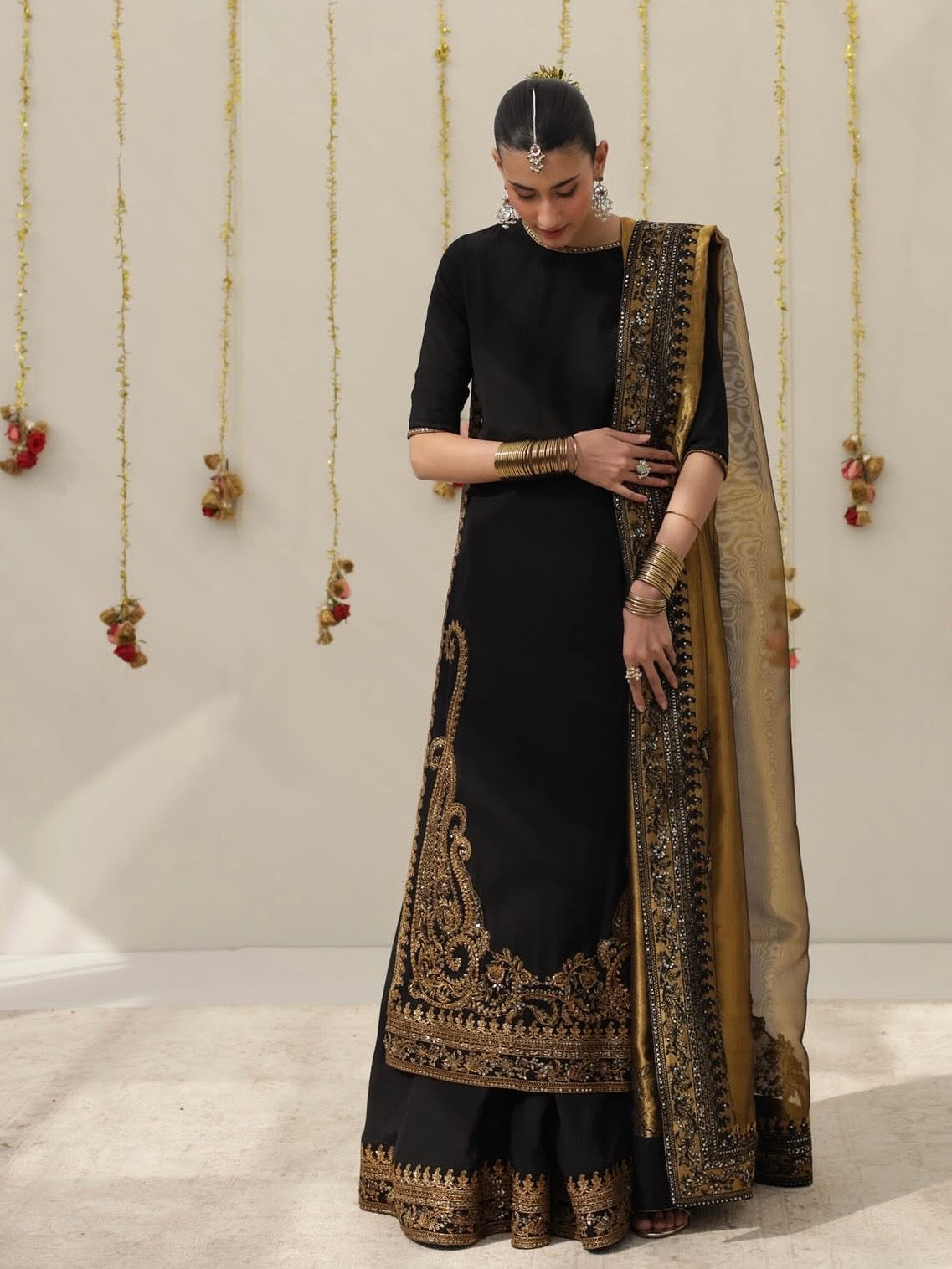 Lulusar Silk Embroidered Luxury 3pc Article Black Mustard Masuri Dupatta