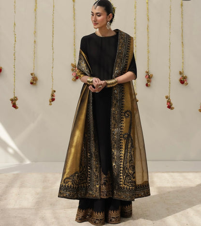 Lulusar Silk Embroidered Luxury 3pc Article Black Mustard Masuri Dupatta