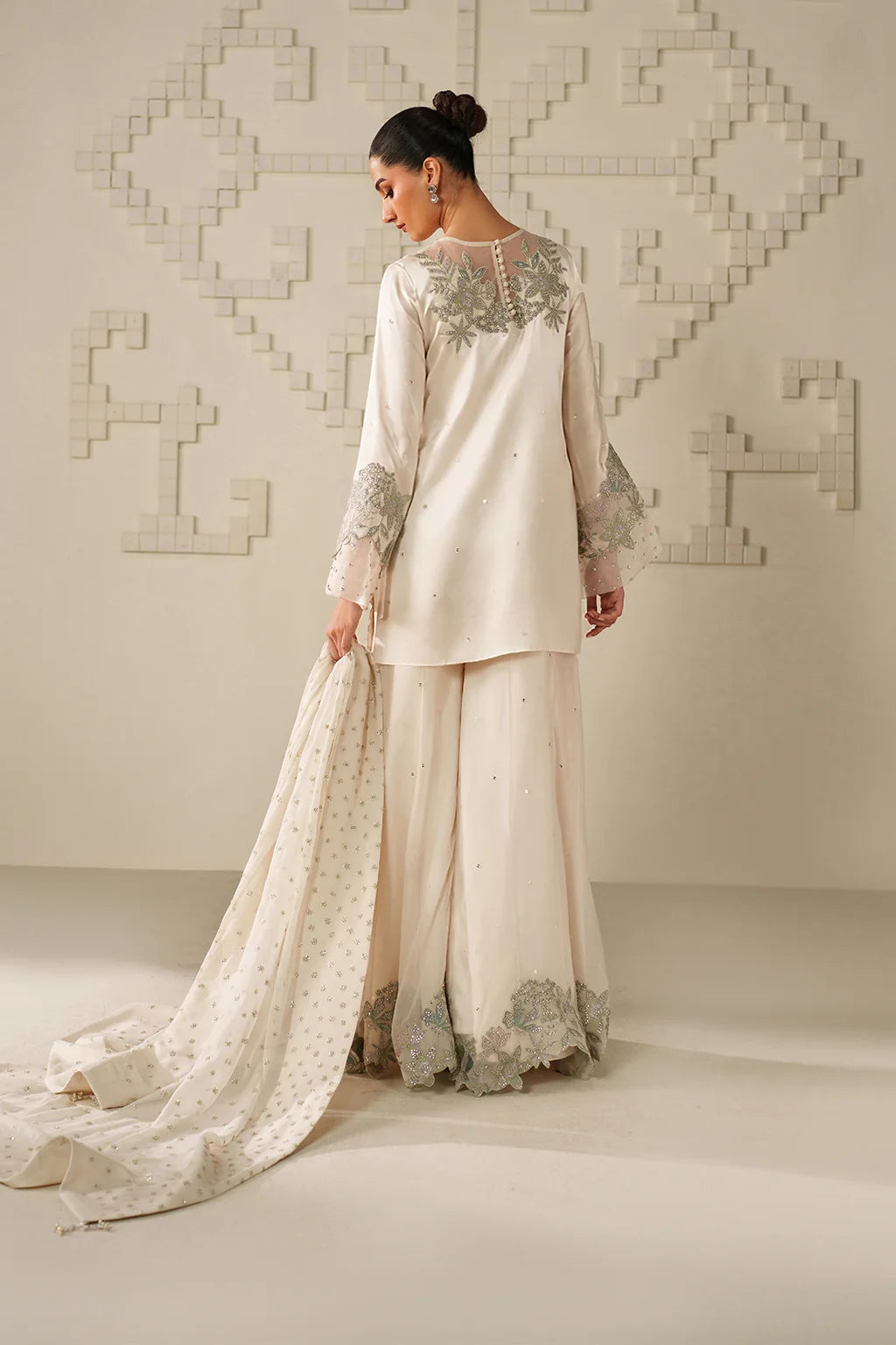 Silk Embroidered 3pc Article Off White color Chiffon Dupatta