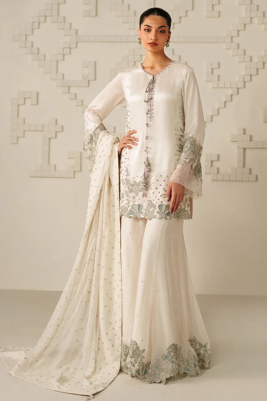 Silk Embroidered 3pc Article Off White color Chiffon Dupatta