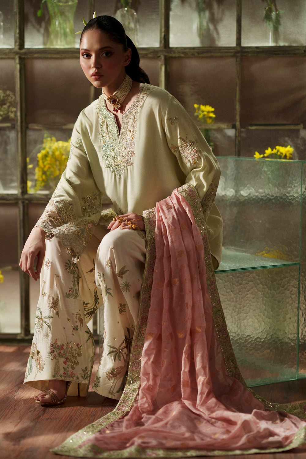 11000 Velvet Embroidered Luxury 3pc Article With silk Trouser Pista color