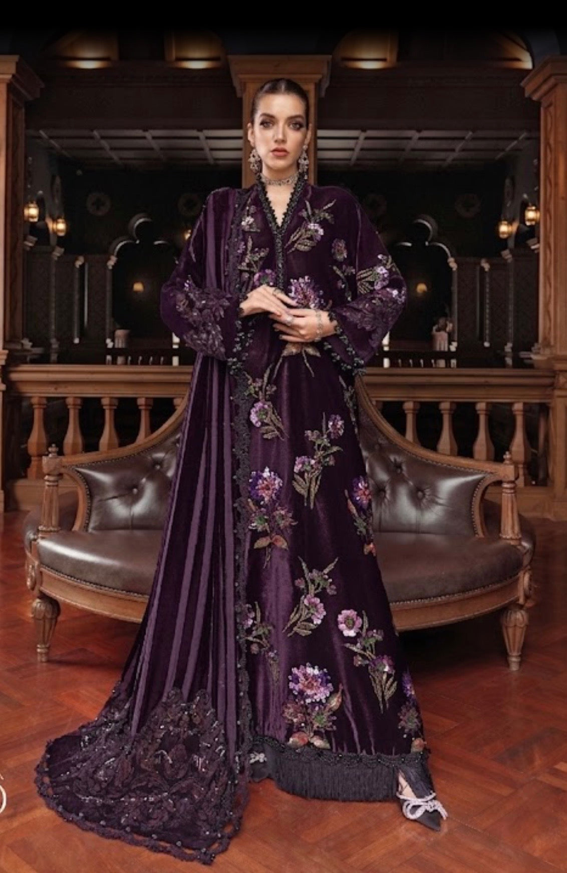 9000Velvet Embroidered 3pc Article With Chiffon Dupatta Plum Color