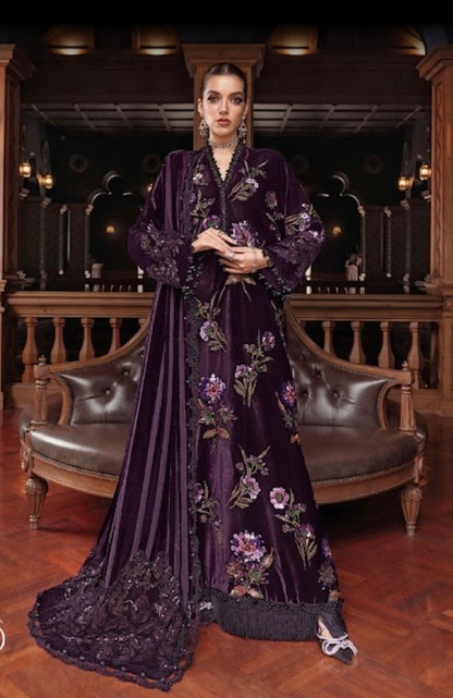 9000Velvet Embroidered 3pc Article With Chiffon Dupatta Plum Color
