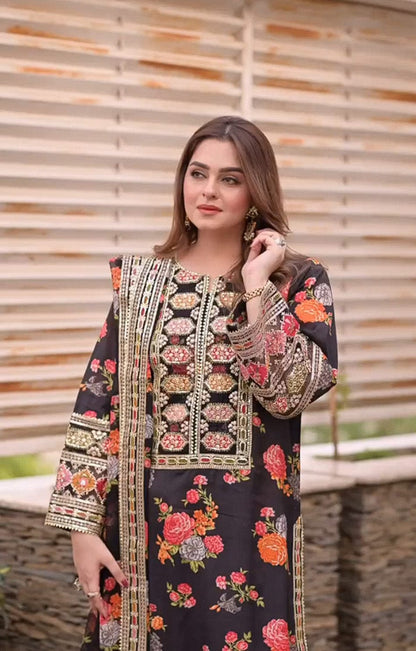 Aneelas Black Silk Embroidered - Maryam Collection