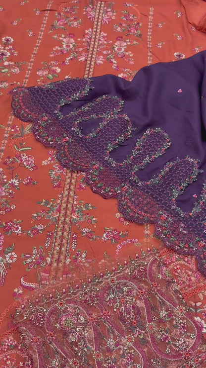 Dhanak Embroidered 3pc Article With Dhanak Shawl Orange HR