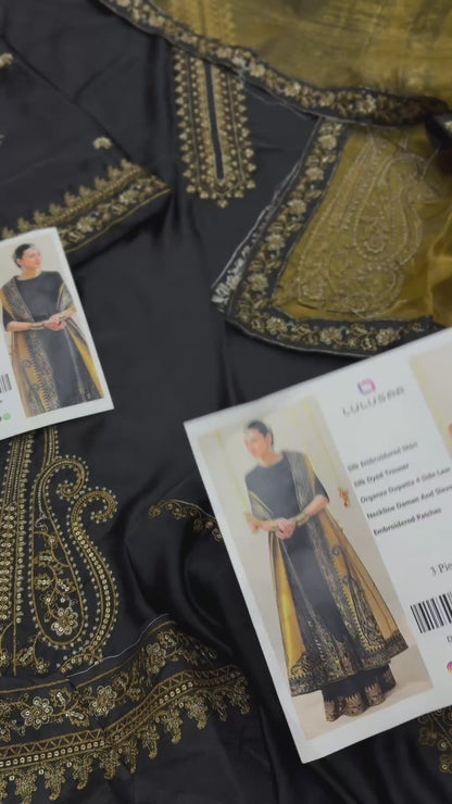 Lulusar Silk Embroidered Luxury 3pc Article Black Mustard Masuri Dupatta