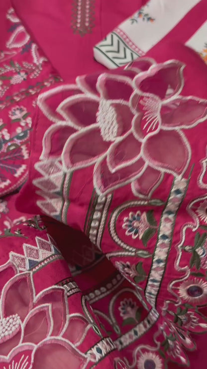 Dhanak Embroidered Luxury 3pc Article With Printed Wool Shawl Pink Color laser work