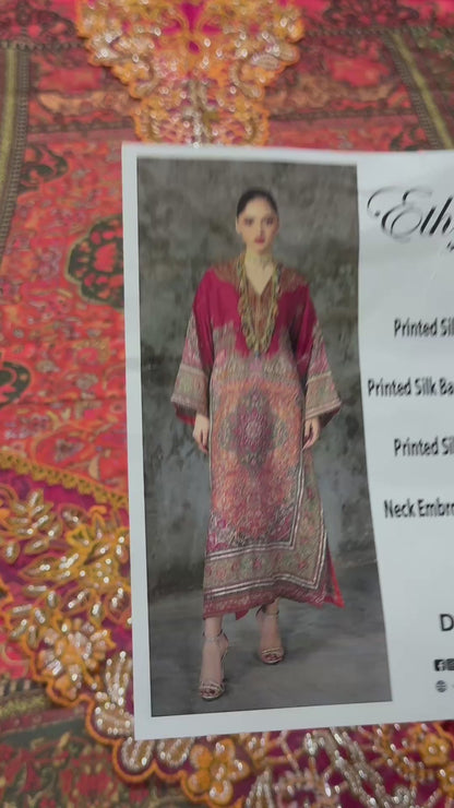 Silk Embroidered Luxury 2pc Article Kaftan style with 3d Neckline