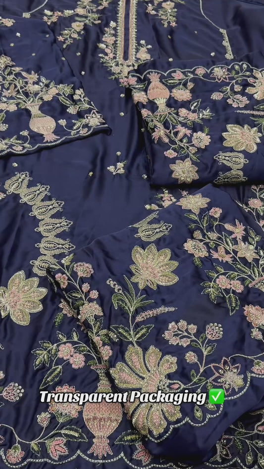 Silk Embroidered 2pc Kaftan Style Blue