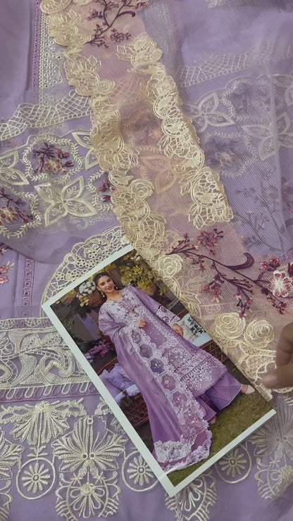 Elaf Dhanak Embroidered 3pc Article With Embroidered Khaadi Net Duppata Lilac Color