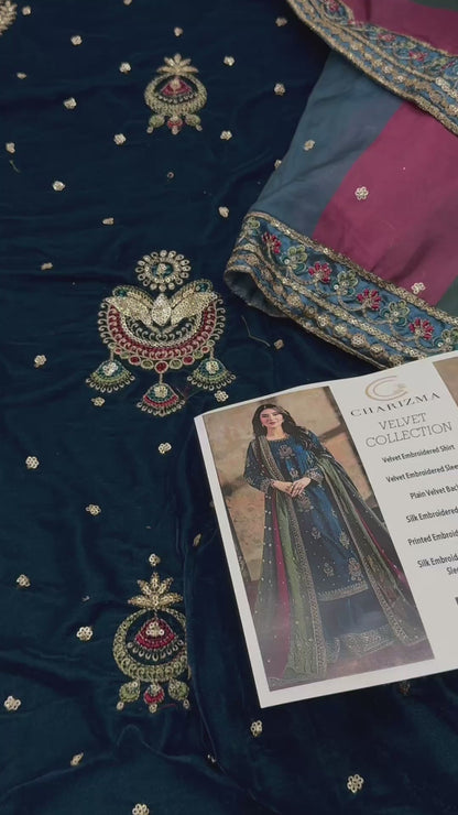 Velvet Luxury 3pc Embroidered Dress Silk Dupatta And silk Trouser Zinc Color